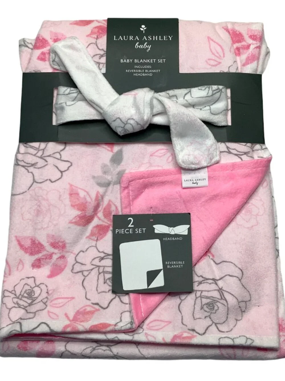 NWT Laura Ashley Flowers Floral Baby Blanket and Headband 2 piece Set Mink Minky